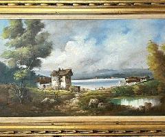 هنرمند اواسط قرن امضا ایتالیایی دریاچه چشم انداز نقاشی رنگ و روغن