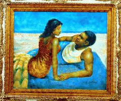 دوست داشتنی زن و شوهر سیاه و سفید در ساحل - کیفیت موزه نقاشی قاب!